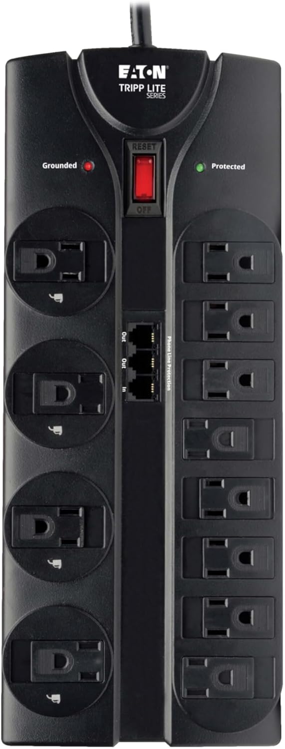 Eaton Tripp Lite TLP1208TEL Home Theater Surge Protector Power Strip, 12 Outlets, Flat Plug 8ft Extension Cord, 2160 Joules | RJ11 Port for Phone Land Line Protection