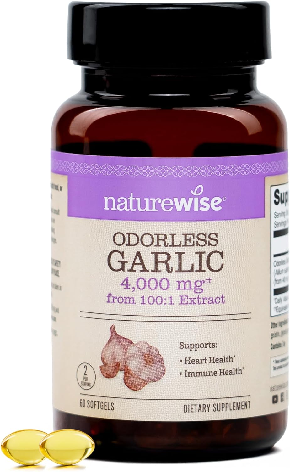 NatureWise Odorless Garlic Supplement 4000mg - Ultra Potent 100:1 Extract - Healthy Cholesterol Formula, Heart Health Support - Non-GMO, Gluten Free, with Halal Gelatin - 60 Count[30-Day Supply]