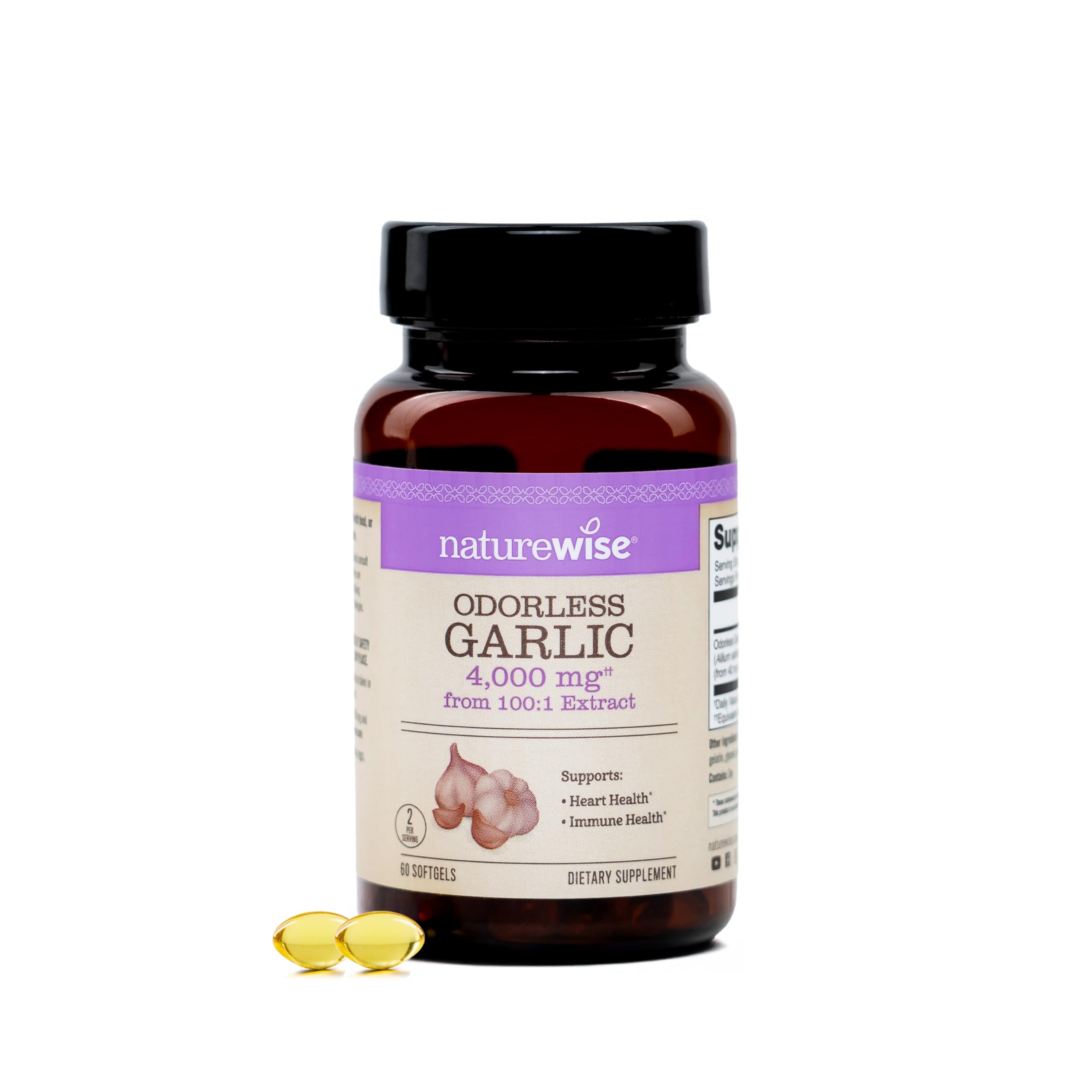 NatureWise Odorless Garlic Supplement 4000mg - Ultra Potent 100:1 Extract - Healthy Cholesterol Formula, Heart Health Support - Non-GMO, Gluten Free, with Halal Gelatin - 60 Count[30-Day Supply] 60 Count (Pack of 1)