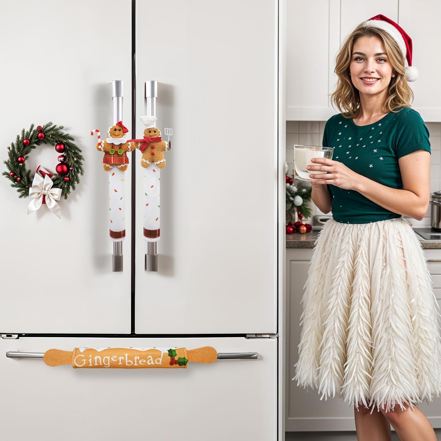 OurWarm Christmas Refrigerator Handle Covers Set of 3, Gingerbread Kitchen Decor Refrigerator Door Handle Cover, Christmas Fridge Handle Covers Gingerbread Decorations Indoor for Home Decor