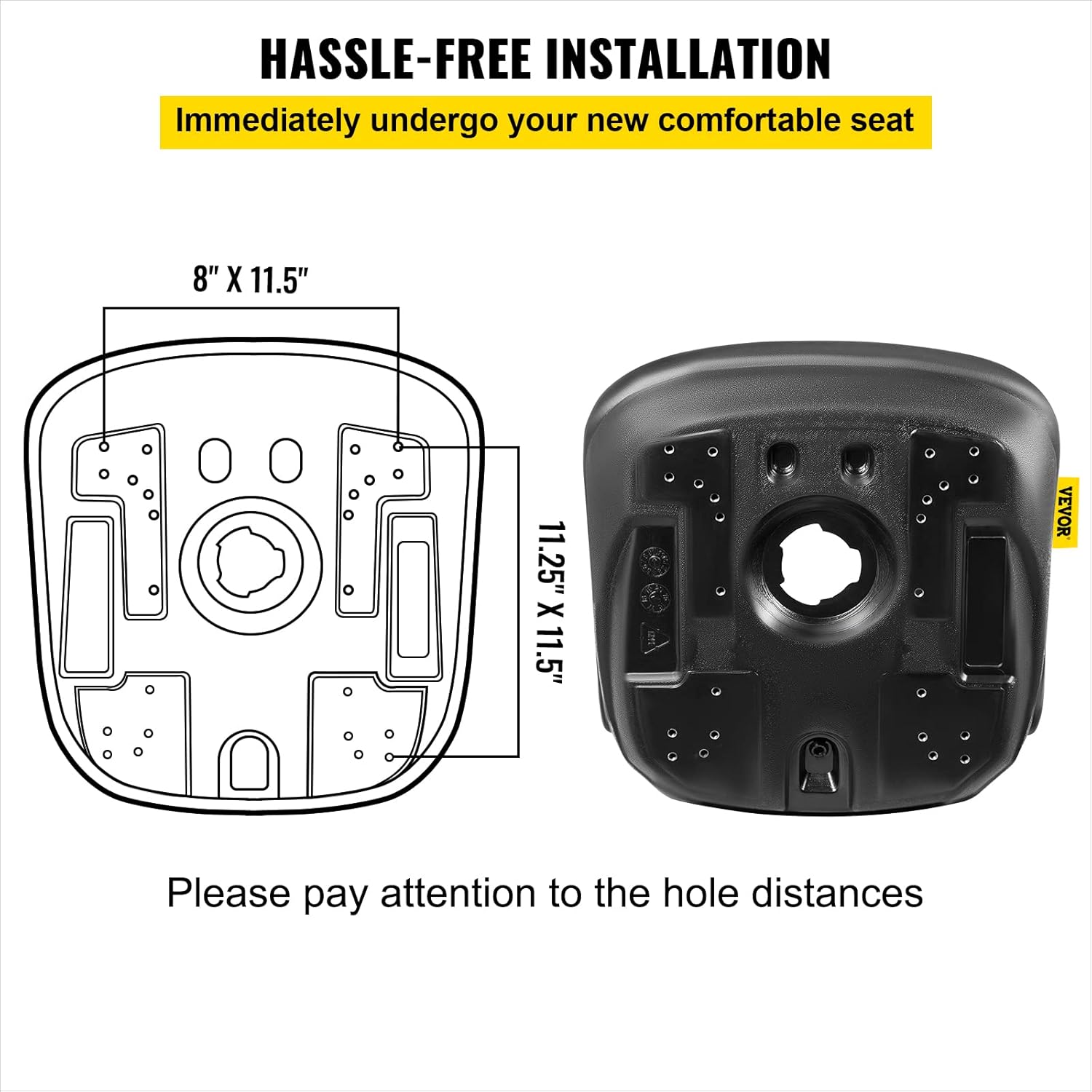VEVOR Universal Tractor Seat Replacement 2 Pcs Compact High Back Mower Seat, Black Vinyl Forklift Seat, Central Drain Hole Skid Steer Seat with Mounting Bolt Patterns of 8" x 11.5" & 11.25" x 11.5"