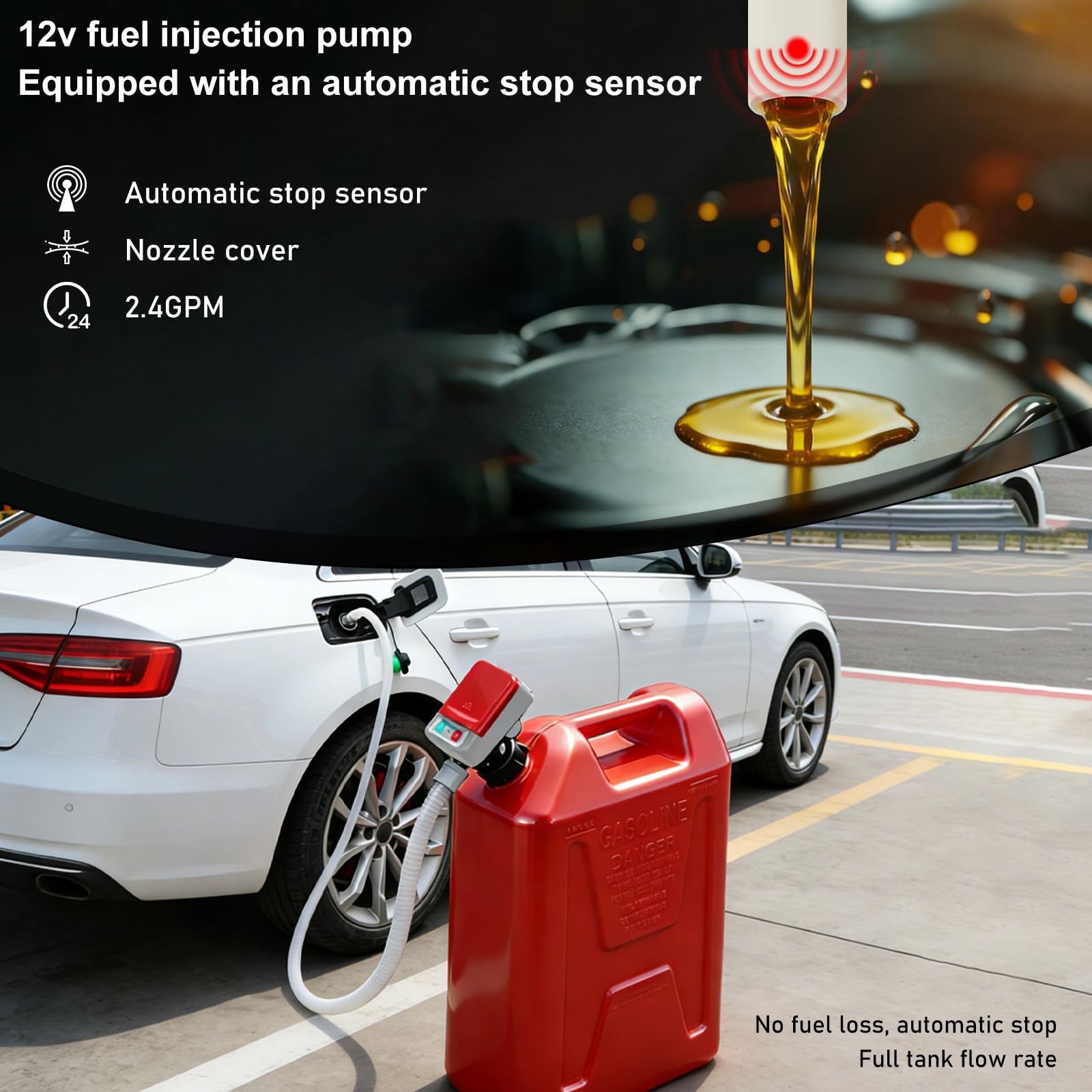 Bomba de combustible con sensor de parada automática, bomba de transferencia de combustible (2,4 GPM) con 3 tamaños de adaptador, bomba de transferencia eléctrica con mangueras y pistola de extracción
