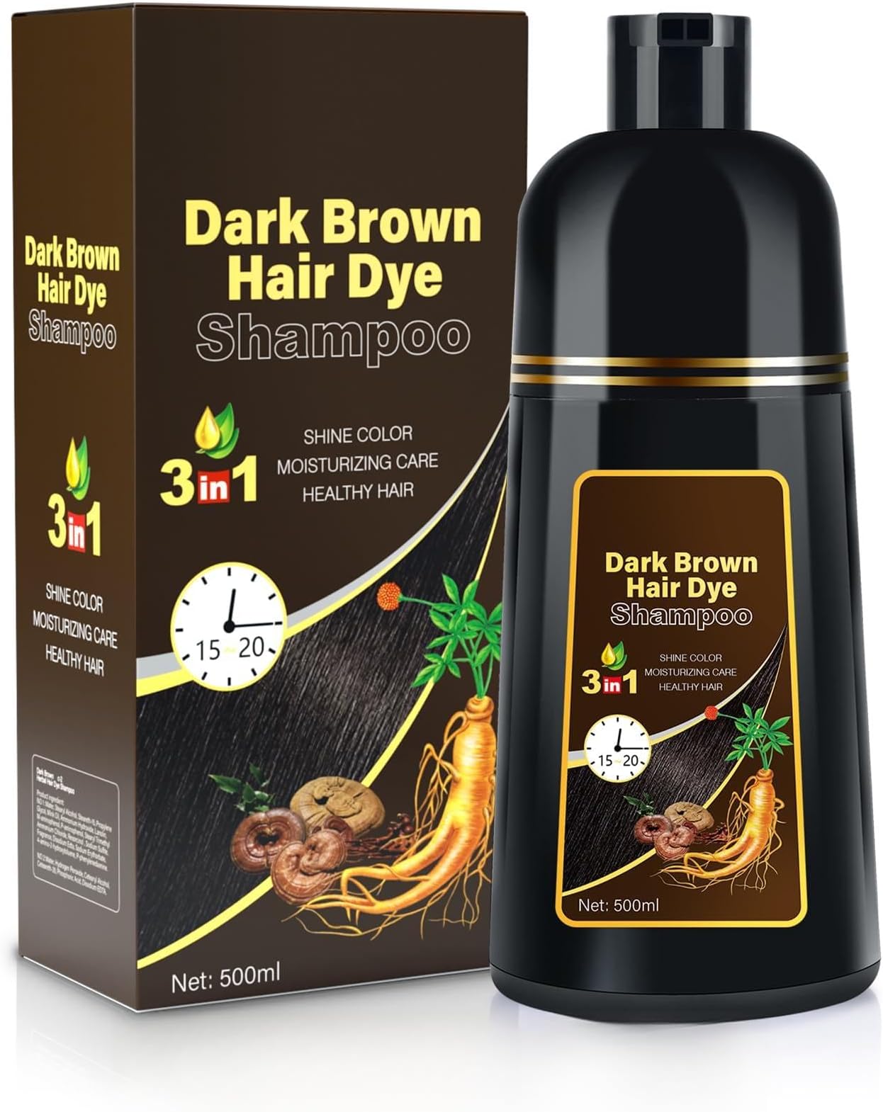 Dark Brown Hair Dye Shampoo 3 in 1 for Gray Coverage for Women/Men, Color Shampoo Instant Herbal Ingredients Semi Permanent