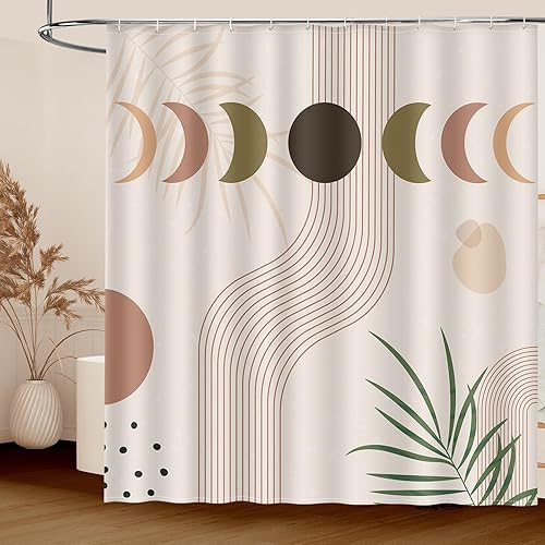 Cortina de ducha bohemia, colorido juego de cortina de ducha de tela impermeable, primavera, naturaleza, sol, luna, líneas abstractas, arco,