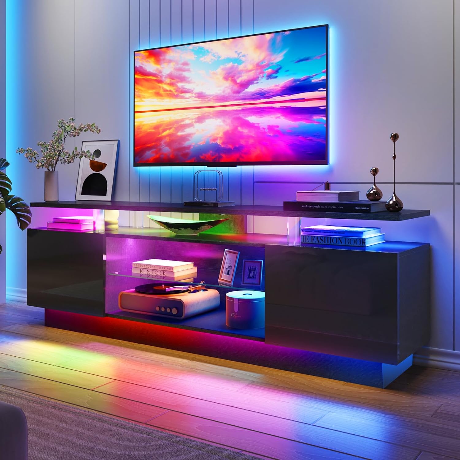 70” High-Glossy TV Stand with 2 Side Cabinets, Modern Stylish TV Console with 3 Layer LED Lights,Gaming TV Media Console with Adjustable Glass Shelf, Remote&APP Control, Black