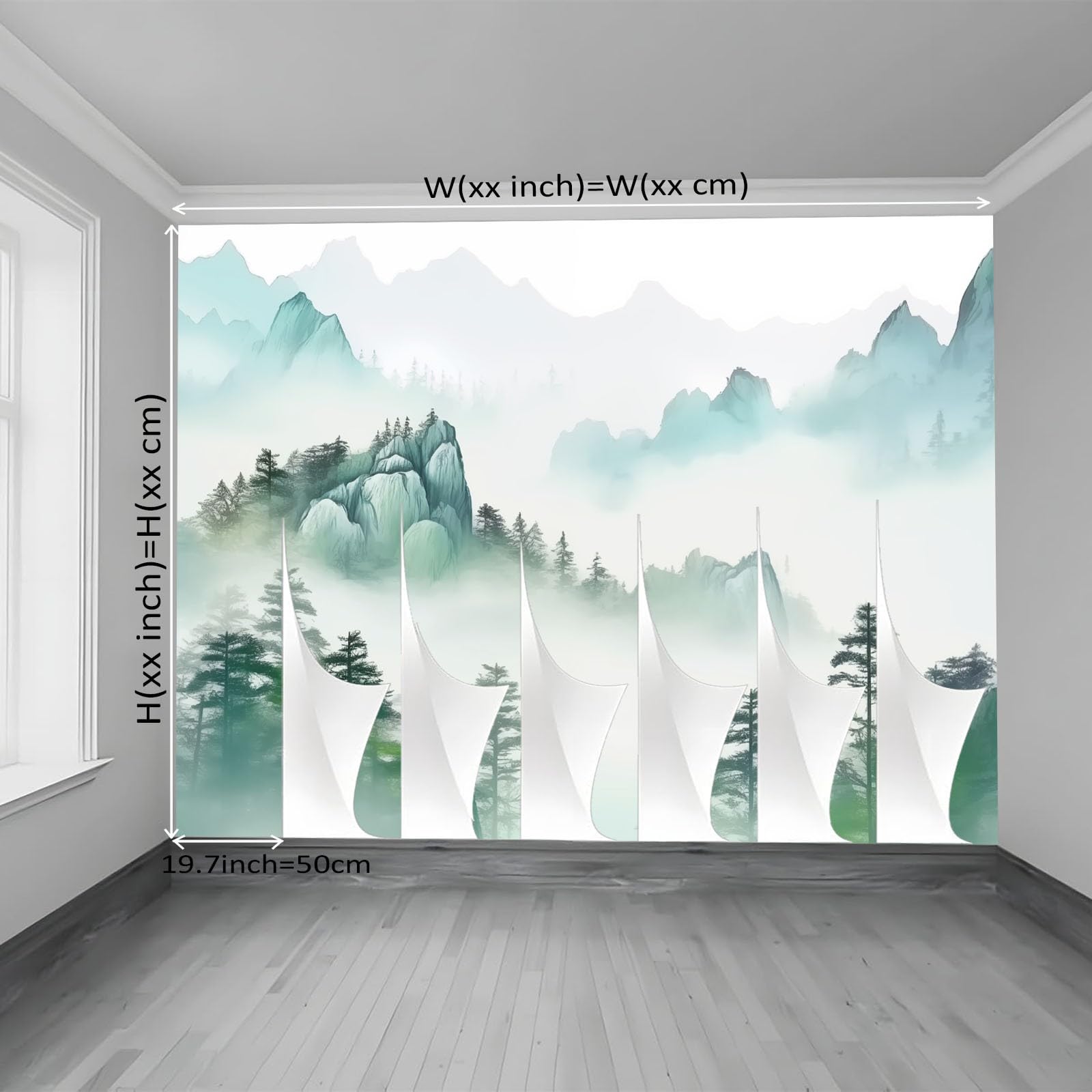Fototapeta chińskie wzory malarskie 300 x 210 cm – chiński styl krajobrazowy fototapeta ścienna włóknina murale sztuka ścienna polar jasnozielony nadruk dekoracja domu projekt do salonu