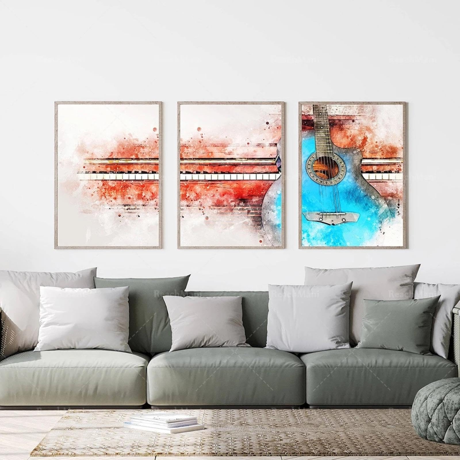 BMGKYAGL Stampe ad acquerello di chitarra e pianoforte, blu, rosso, strumenti musicali arte contemporanea poster musicale astratto 70x100cmx3 Senza cornice