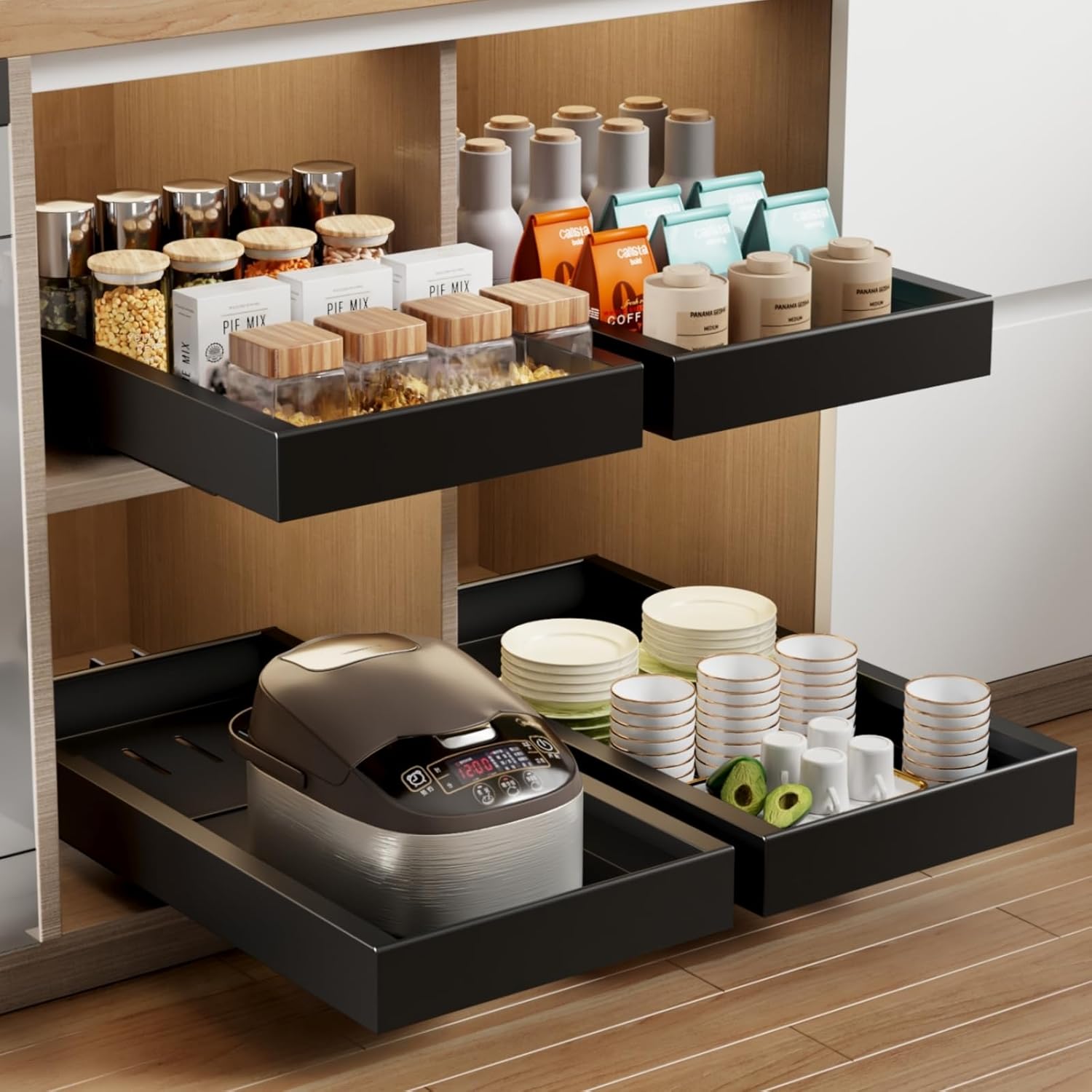 2 Pack Pull Out Cabinet Organizer, Expandable Depth(16.5"-21.8) Slide Out Drawer for Cabinets Adhesive Pull Out Drawers Heavy Duty Pull Out Shelves for Kitchen,Cupboard,Pantry,Bathroom-Black (16.5"D~21.8"D)*12"W-2 Pack Black