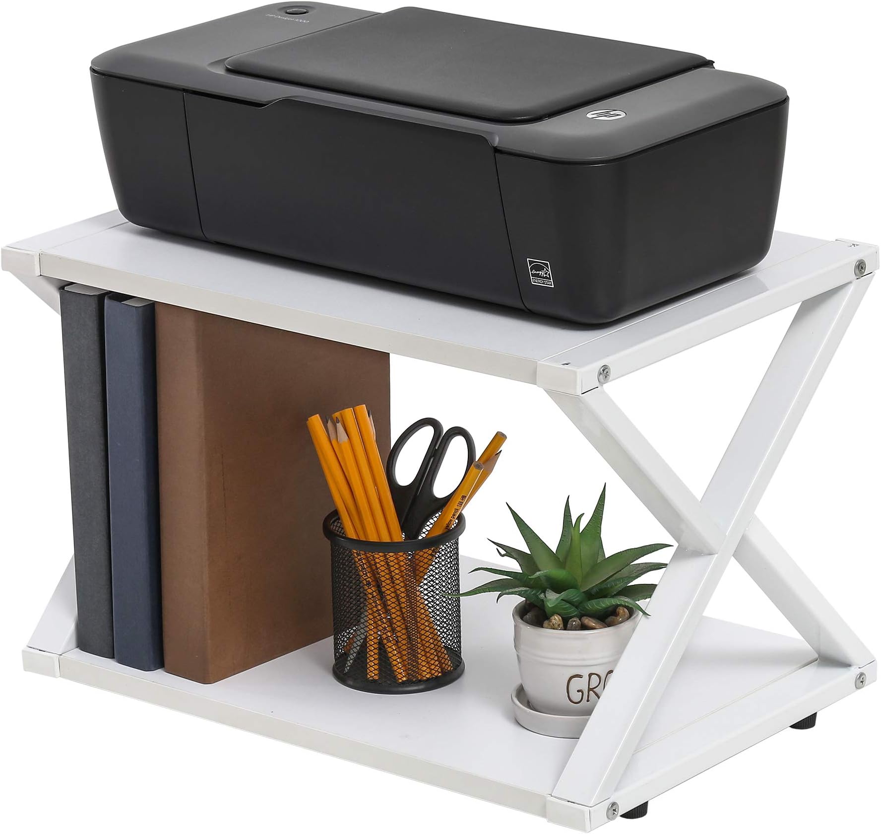 FITUEYES Desktop Printer Stand X-Shaped Desk Organizer Shelf for Fax Copier Scanner Plants Risers, with Anti-Slip Pads White DO204505WW