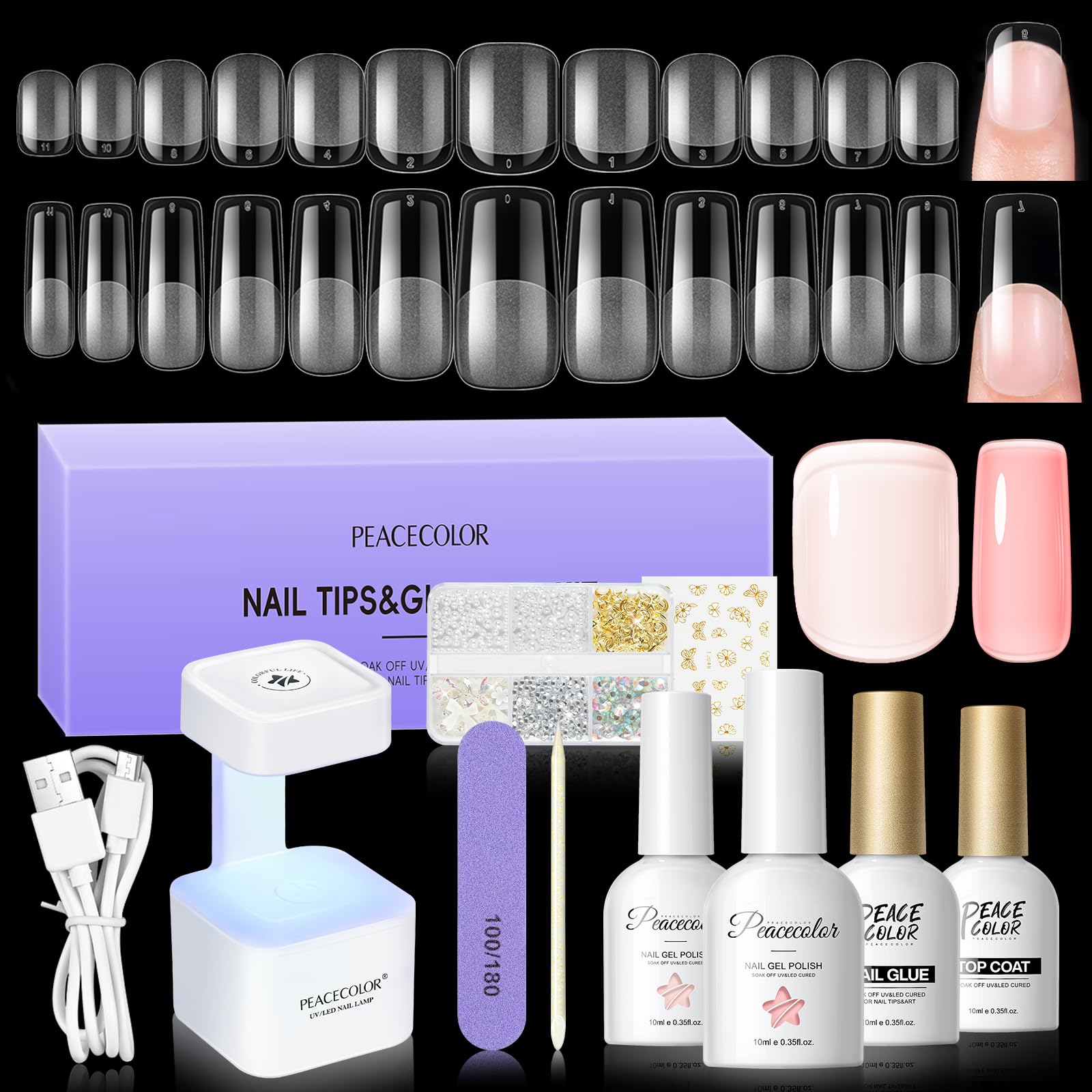 PEACECOLOR Square Gel Nail Kit, 240pc Short Medium False Nail Tips for Extension 2 Colors Jelly Gel Polish with U V Light Nail Glue Nails Art Stickers