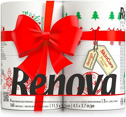 Renova - Paquete de 4 rollos de papel higiénico navideño, 3 capas, 160 hojas por rollo, esencial de baño festivo y divertido para las vacaciones