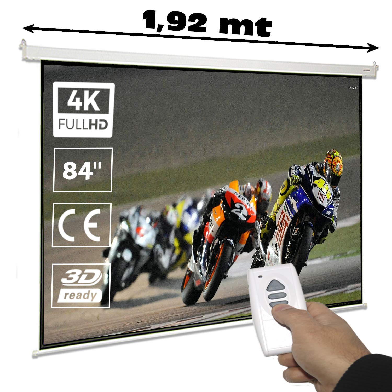 Pantalla de proyeccion electrica 84" para proyector, cajetin de Acero Lacado en Blanco, Pantalla para proyector electrica con Mando inalambrico, Auto Enrollable, Compatible con 4K (84 Pulgadas 4:3) - 1