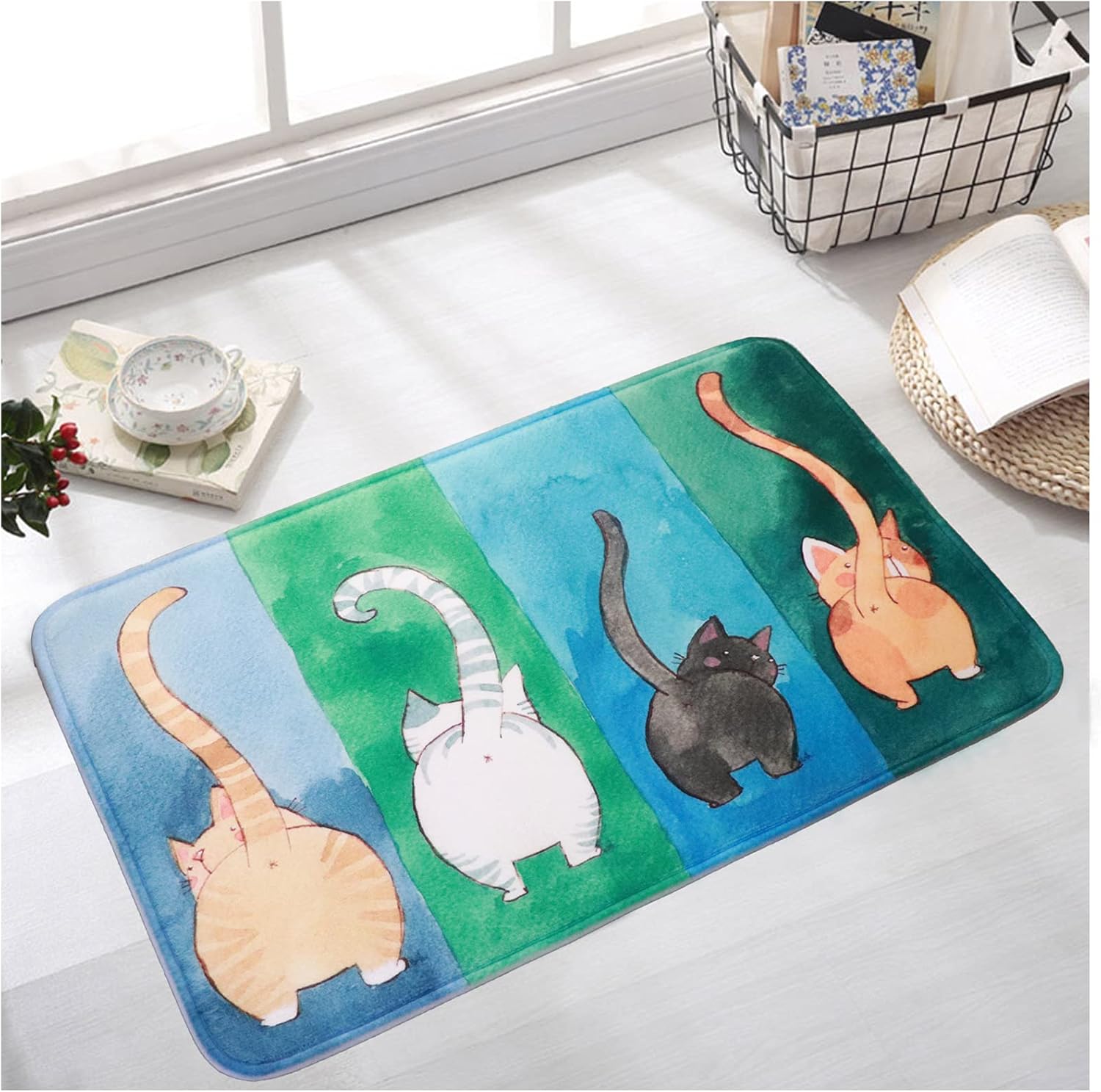 Welcome Mats for Front Door Mat Indoor Funny Cat Doormat Home Floor Mats Non Slip Carpet Flannel Rug for Bathroom Kitchen Bedroom, 18"x30"