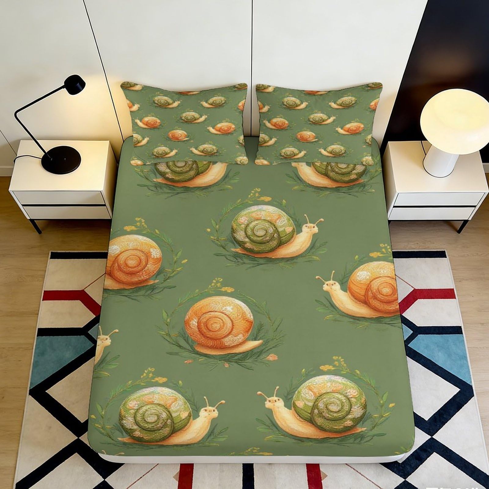 Pnayamiorkfel Style-9 3D Printed Watercolor Snail Fitted Sheet Microfiber Soft Mattress Cover Green Orange Animal Decor For Bedroom Dorm 90X200x25cm