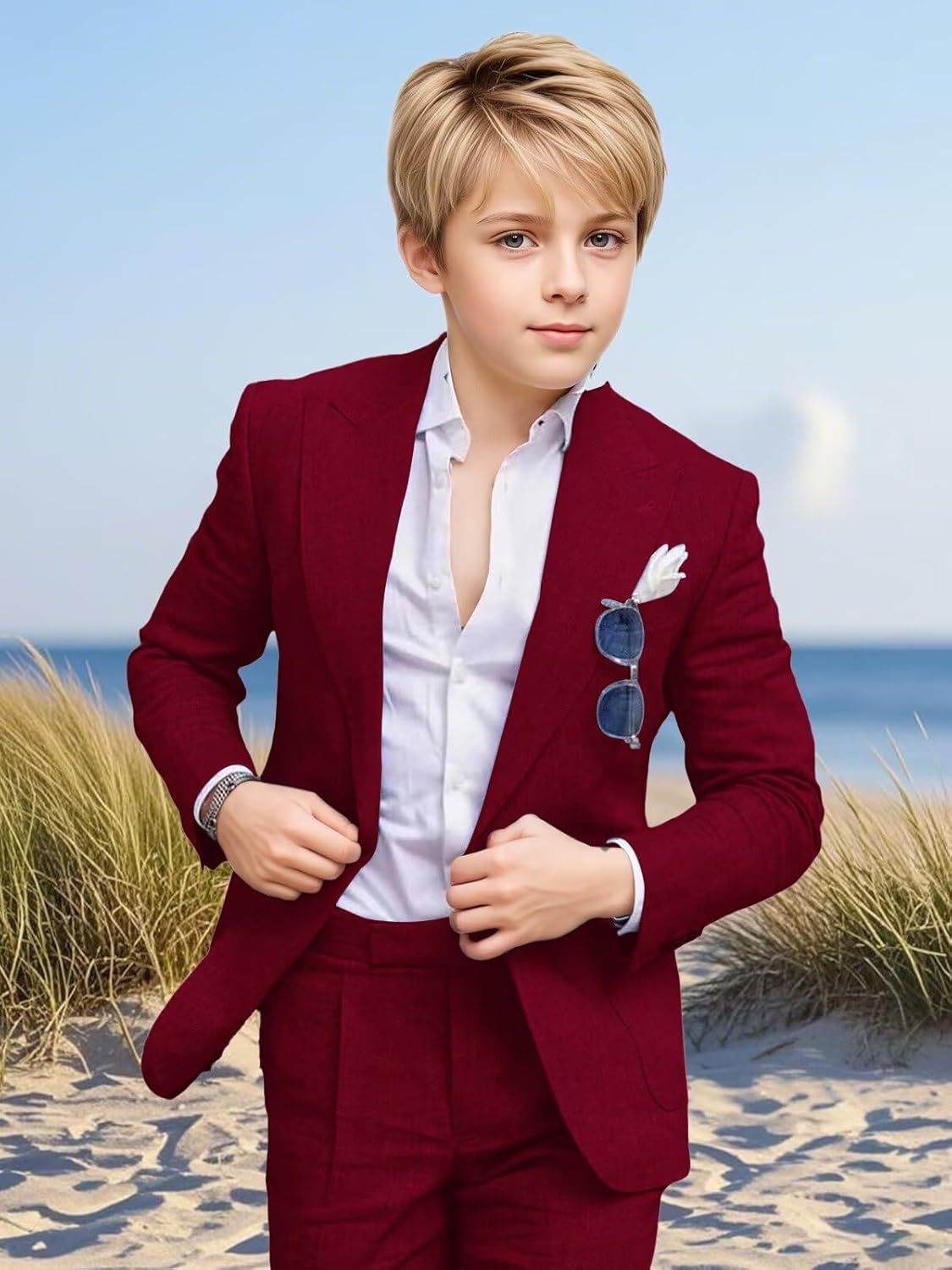 Linen Boys Suit Peaked Lapel Casual Summer Kids Tuxedo Suit for Boy Solid Straight Pocket Slim Fit 2 Piece Suits