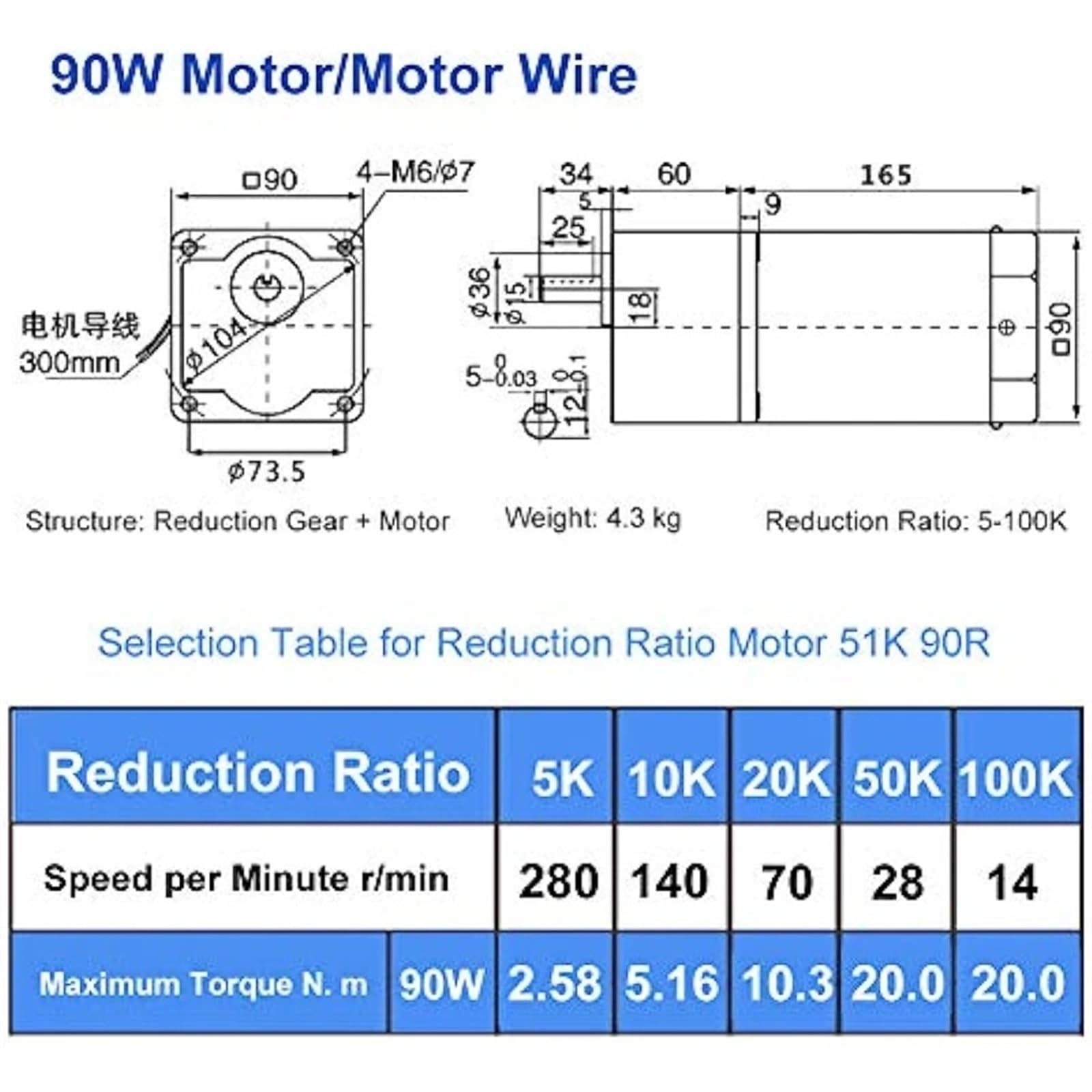 Motorreductor reversible de CA de 90 W, 220 V CA, marco de 90 x 90 mm, 5RK90GU-CF, motorreductor de velocidad ajustable con regulador Reducción de par(54rpm)