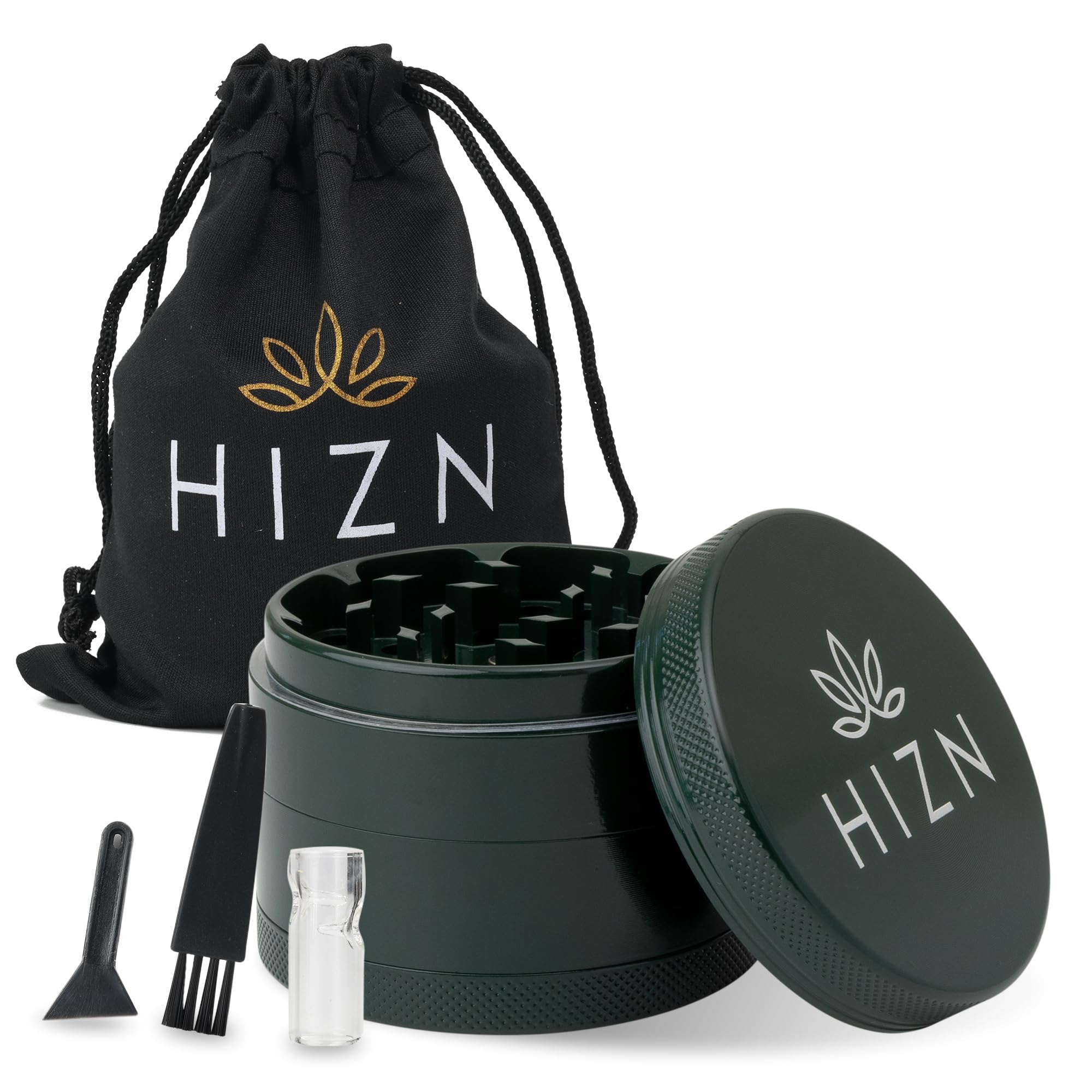 Grinder in ceramica | Ø 63 mm | 4 pezzi | antiaderente grazie al rivestimento in nanoceramica | con sacchetto, raschietto per polline, pennello e boccaglio (verde mezzanotte)