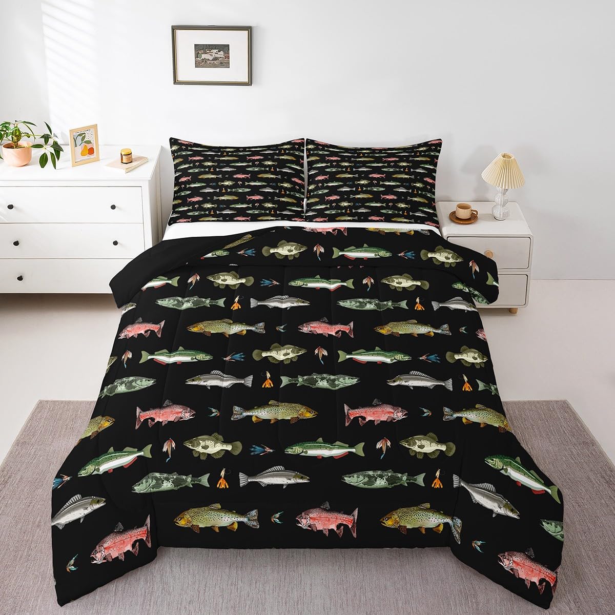 Feelyou Pike Fish Bedding Set Bass Big Fish Comforter Set for Kids Boys Girls Teens Room Decor Fishing and Hunting Comforter Twin Size Fisherman Fish Man Duvet Set 2Pcs