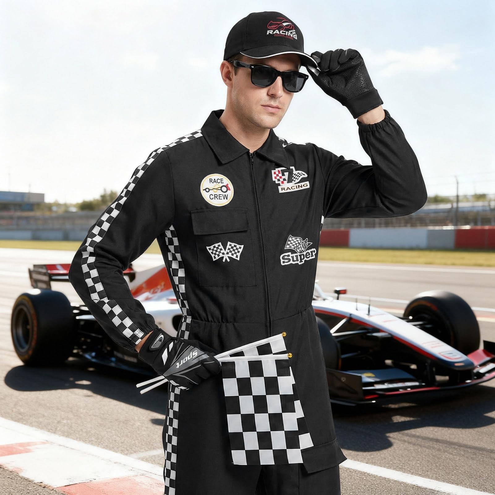 Rennfahrer Kostüm Herren Damen,Faschingskostüme Erwachsene,Rennfahrer Overall Jumpsuit Accessoires 6-teilig mit Hut Sonnenbrille Handschuhen Medaille