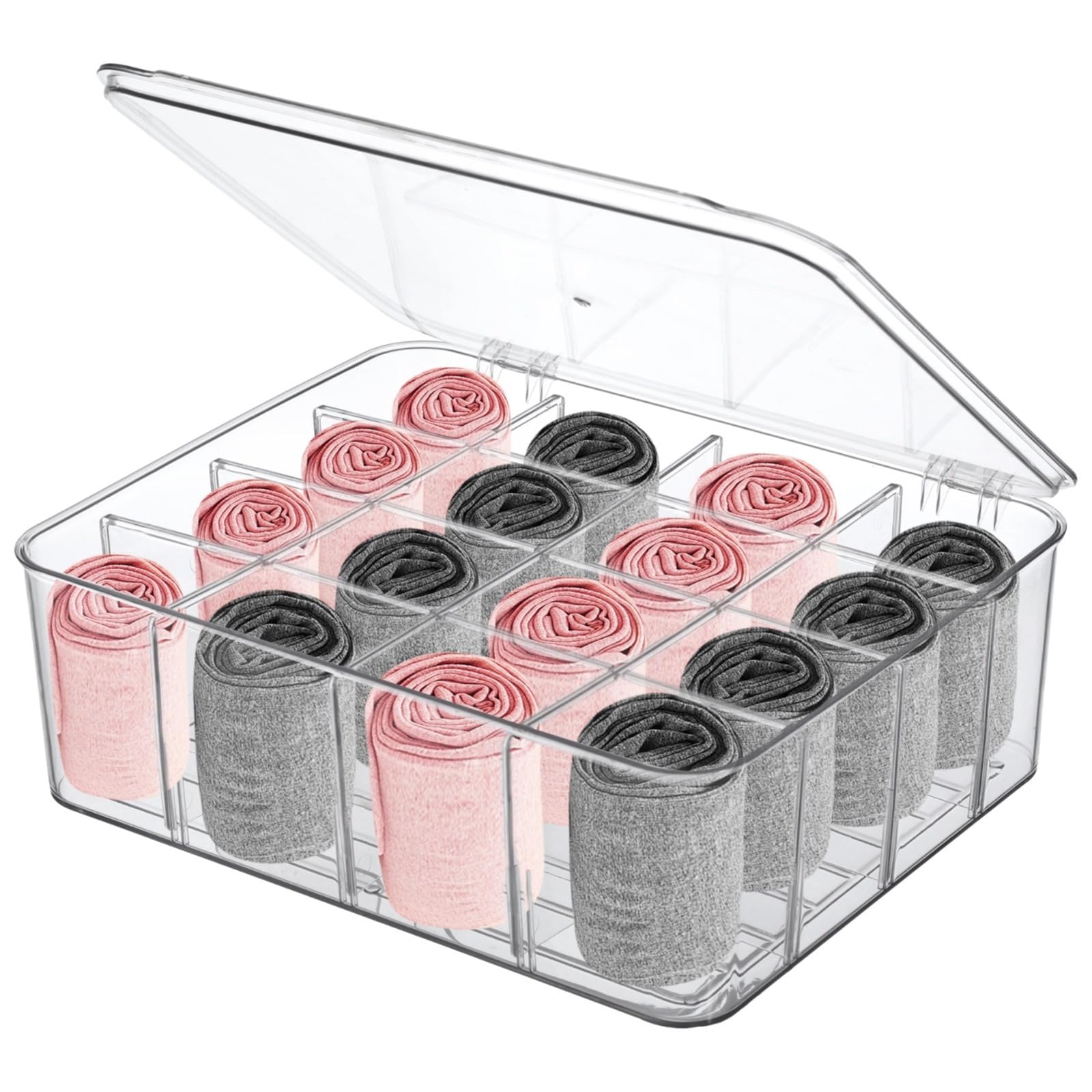 LUMINFLY Plastic Storage Organizer with 16 Removable Compartments and Flip Lid for Socks, Underwear, Ties, Bras, and Scarves