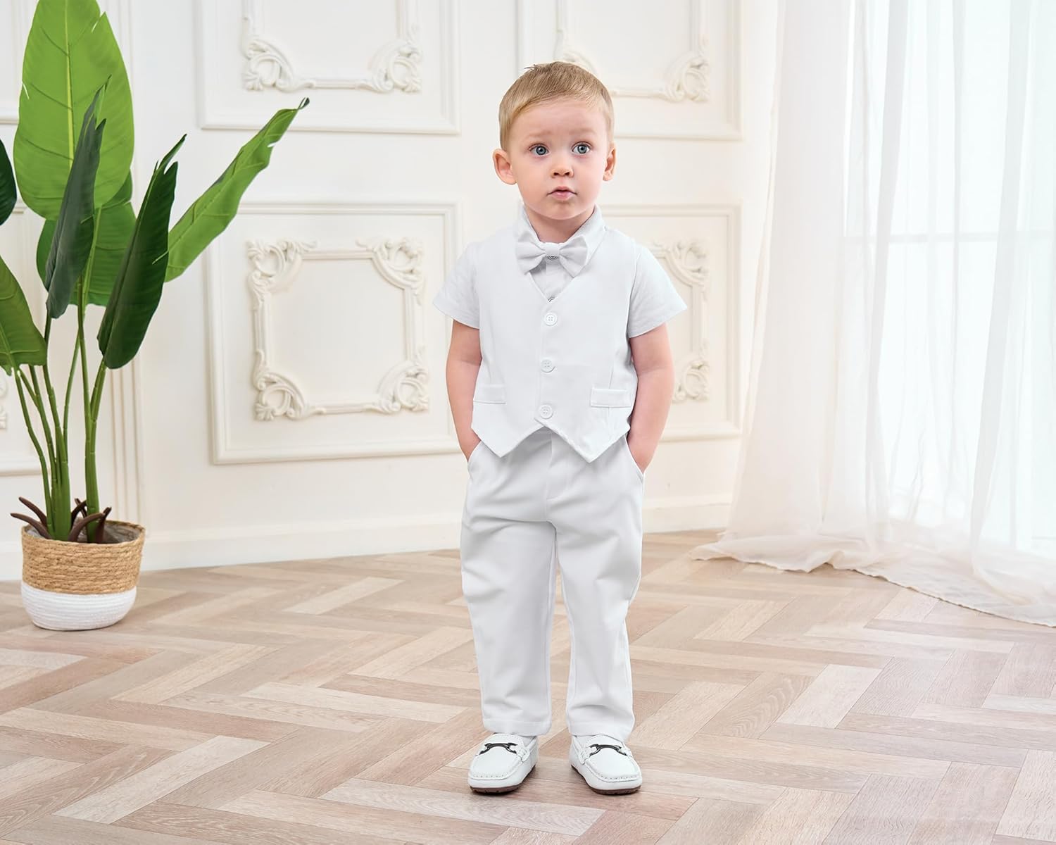 SANMIO Baby Boy Clothes Suits Summer Short Sleeve Dress Shirt+Vest+Tie+Pants Infant Boy Wedding Christening Outfits Set 0-24M - Image 2