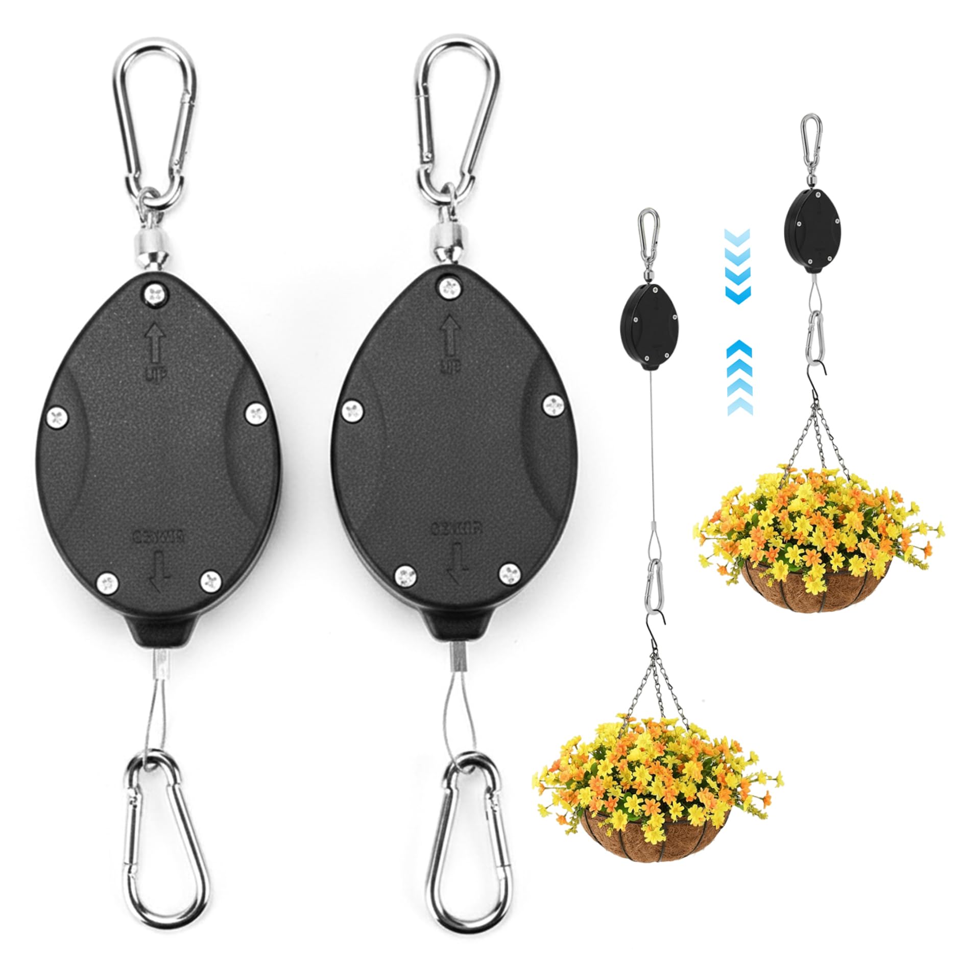 CAKEEYUM 2Pcs Plant Pulley - Heavy Duty Retractable Plant Hanger 304 Stainless Steel Adjustable Hooks for Hanging Baskets & Bird Feeders Pulley, Retractable Hanger Pull Down, Pulleys for