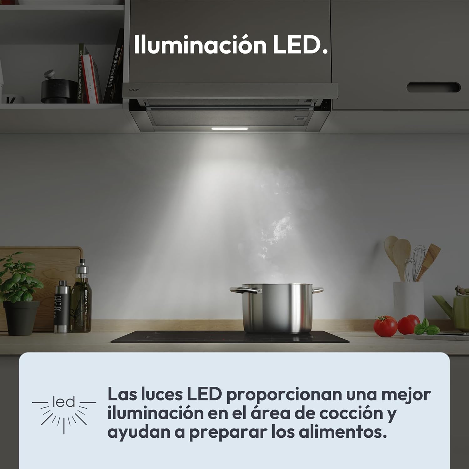 Campana extractora en acero inoxidable Candy CBT6130/3X instalada en cocina doméstica