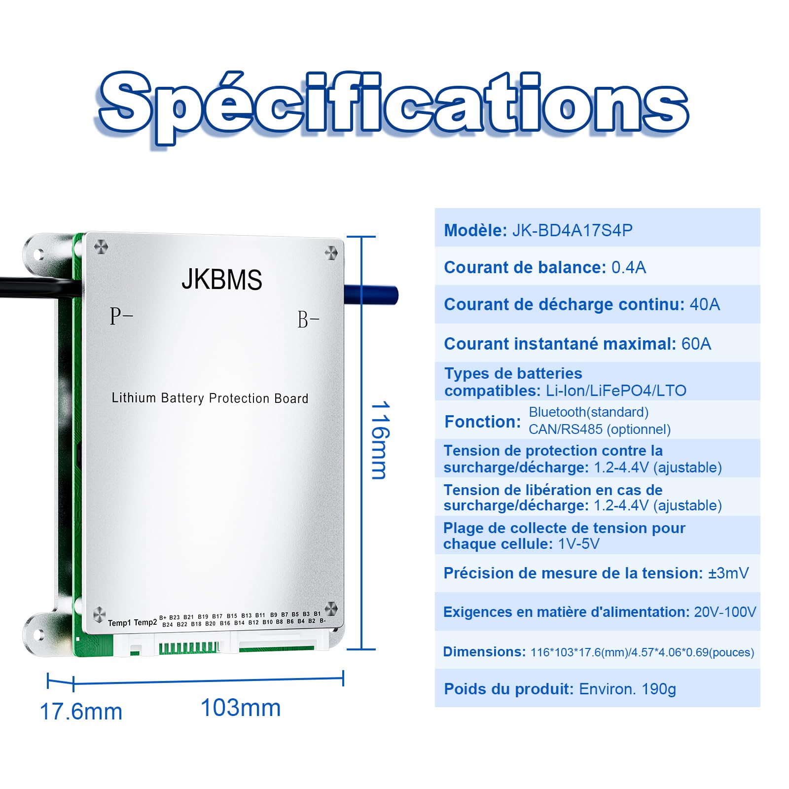 JKBMS Smart BMS 8S-17S 24V-60V 40A Bluetooth avec Équilibrage Actif 0.4A pour Batteries LiFePO4 Li-ION et LTO,Carte de Protection Batterie Lithium(JK-BD4A17S4P)