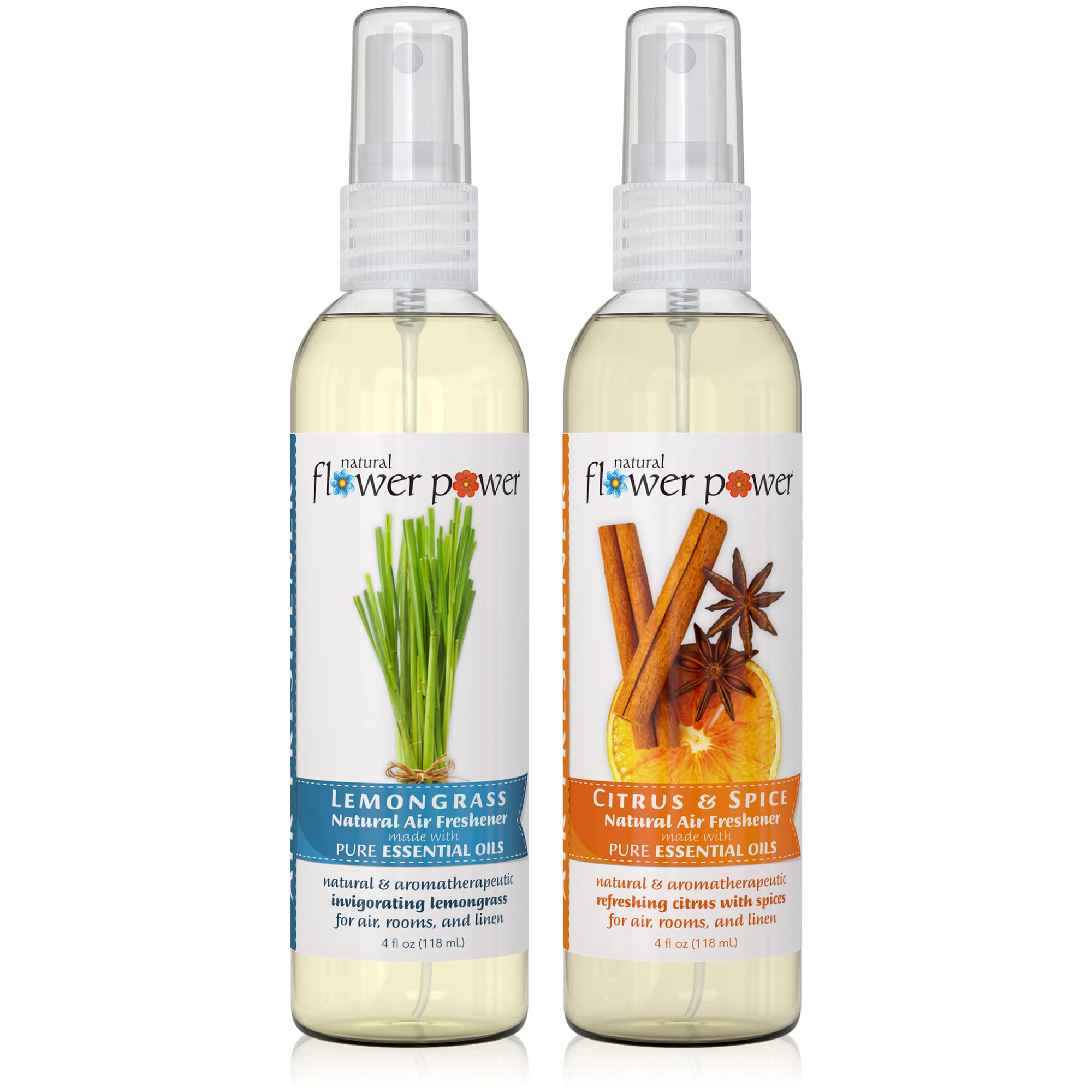 Natural Flower Power Air Freshener Spray - Odor Eliminator w/Essential Oils - Home, Car &amp; Fabric - Cruelty Free &amp; Vegan - Variety Pack - Lemongrass and Citrus &amp; Spice - 2 x 4 fl oz