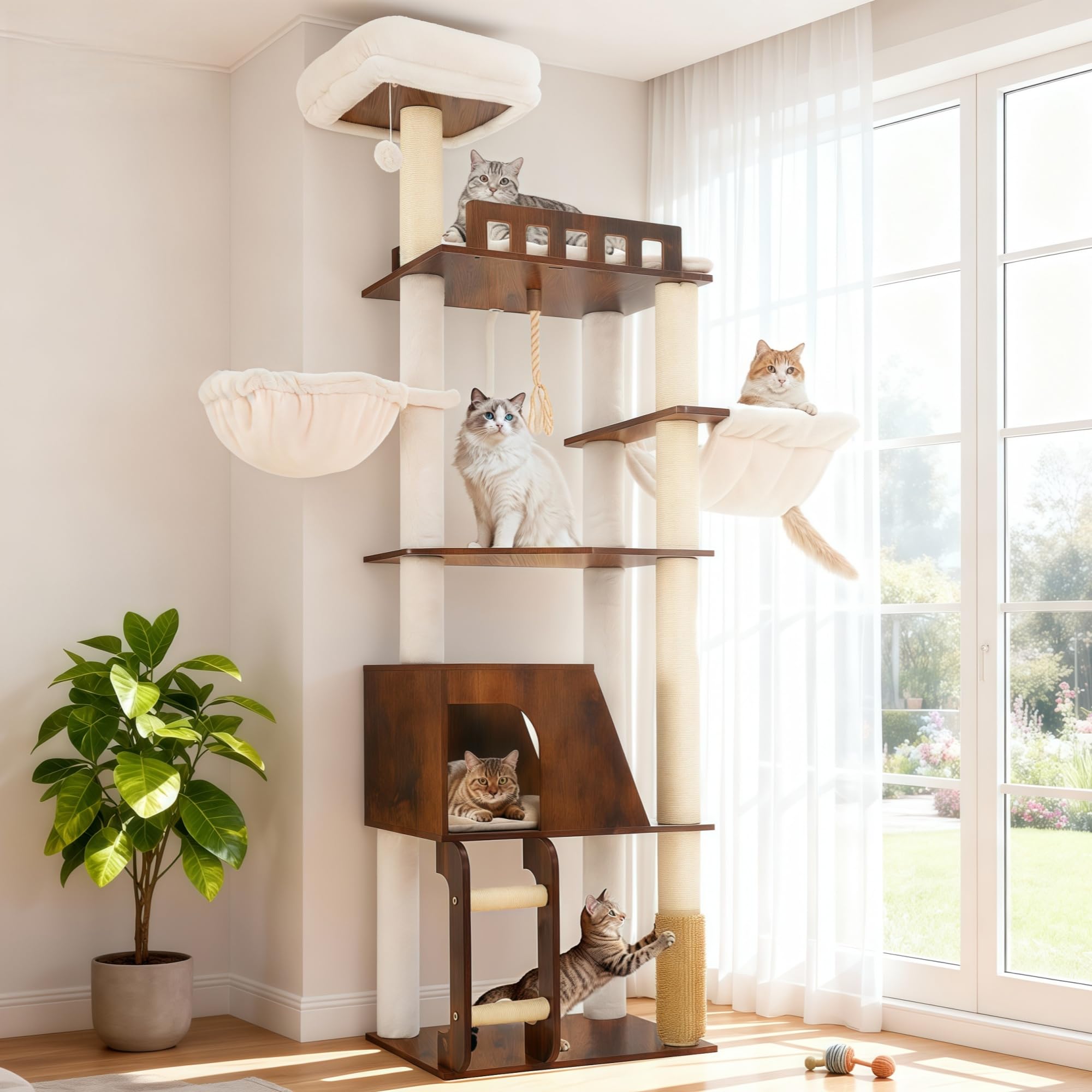 Hey-brother Holz Kratzbaum, 184cm Katzenbaum für Großkatze, mehrstöckiger Stabil Katzenkratzbaum Mit Grosse Plattformen, Korb, Katzenhöhle, Kämmmaschine und Leiter