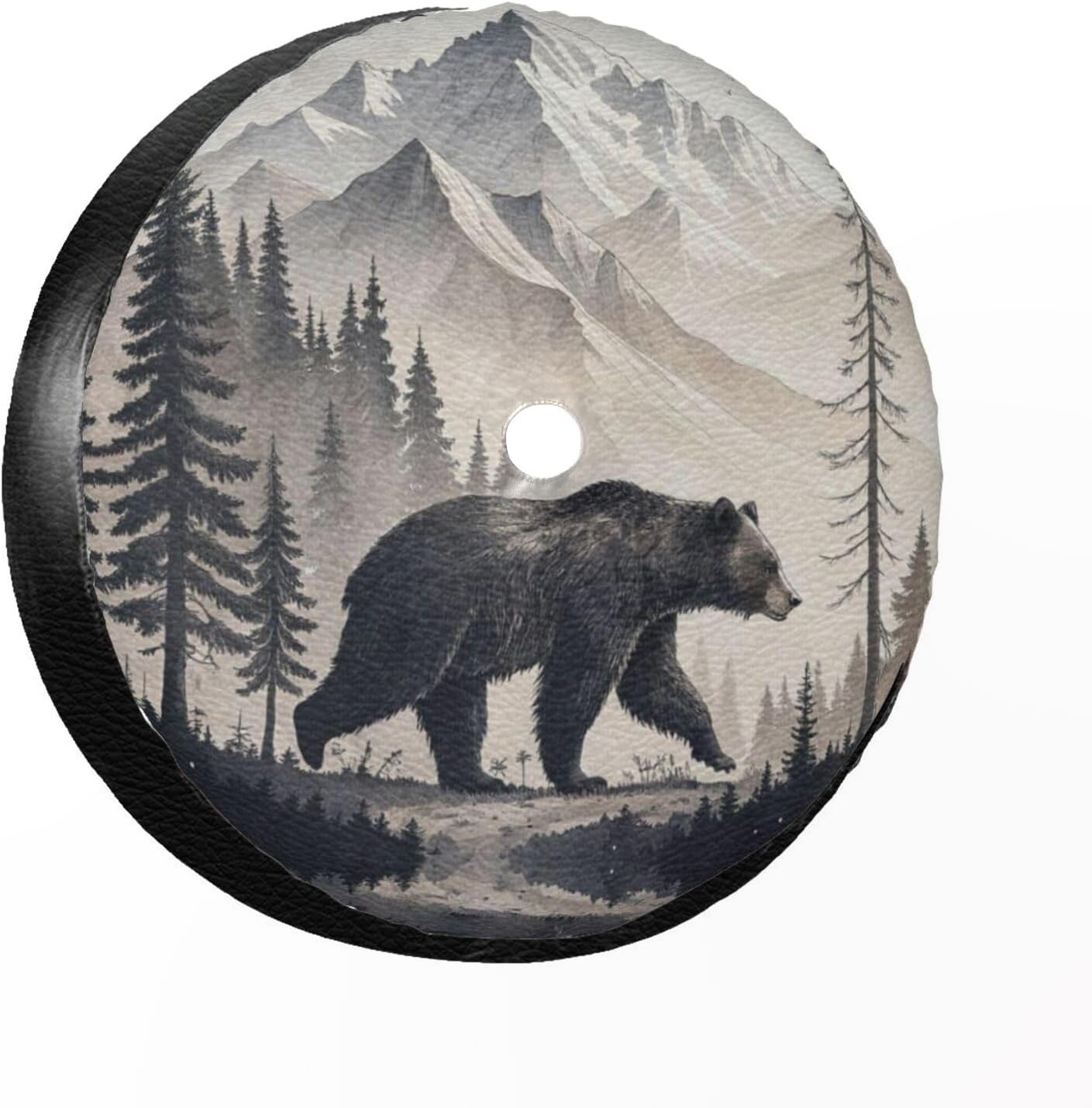 Black Bear Leather Spare Tire Cover with Backup Camera Hole, Mountain Forest Universal Wheel Protector for Wrangler Jl SUV Rv Trailer Camper Truck(18 Inch)
