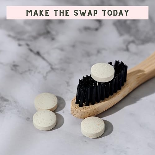 Miniatura 6 de 120 tabletas de pasta de dientes blanqueadoras, 2 tarros de vidrio de 60 unidades, hechas en Estados Unidos, sabor a menta natural, sin flúor con