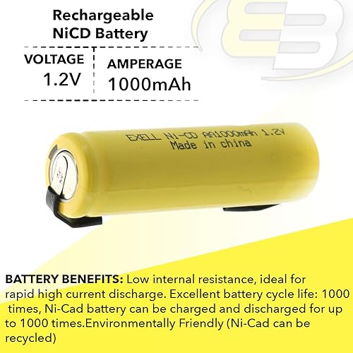 Miniatura 7 de Exell AA 1.2V 1000mAh NiCD baterías recargables con pestañas para medidores, radios, automóviles híbridos, aplicaciones estáticas de alta potencia