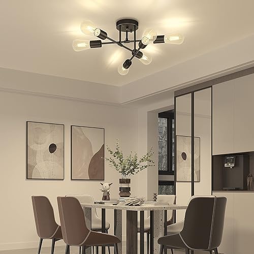 Miniatura 5 de Asnxcju Lámpara de techo moderna semiempotrada, lámpara Sputnik negra de 6 luces para iluminación de dormitorio, lámpara de cocina industrial para