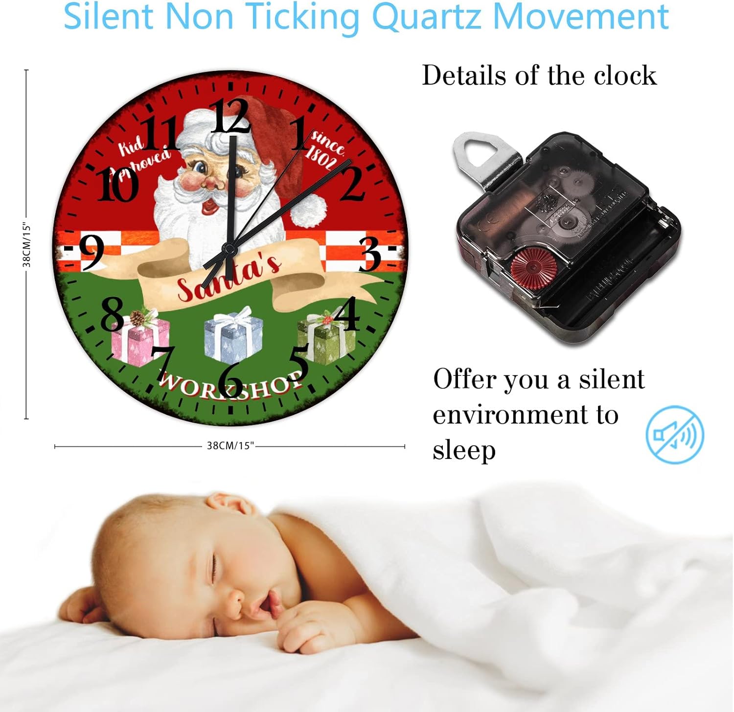 Clock Santa's Workshop Table Clock Silent Non-Ticking Quartz Battery Operated Arabic Numbers Seasonal Holiday Christmas Round Clock for Living Room Bedroom Office Kitchen School 15 Inch