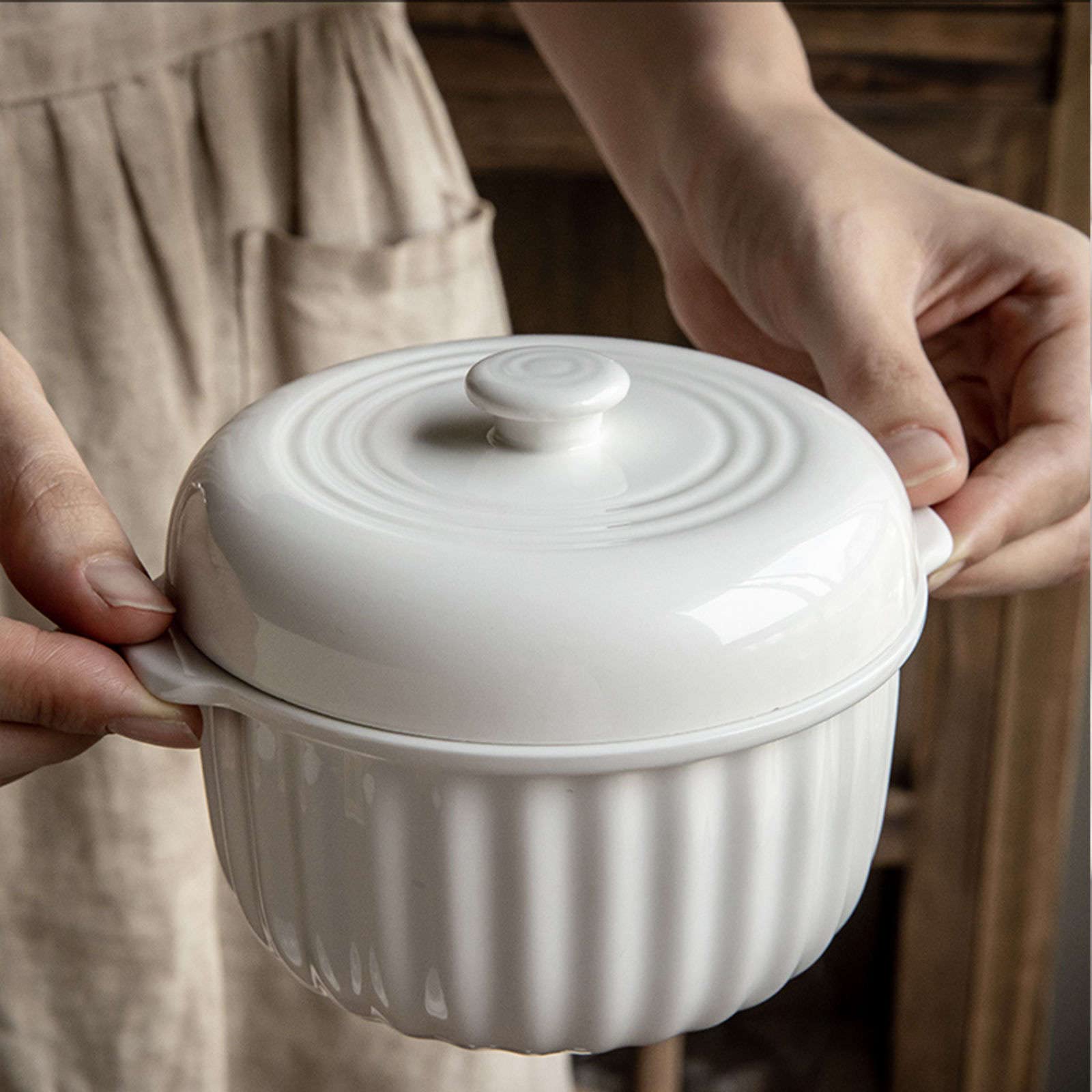 Tazón de Sopa, Tazones de Guiso, Tazas de Caldo, Tazones de Sopa con Asas, Taza de Sopa de Microondas con Tapa, Tazones de Sopa de Cebolla Francesa-Blanco-15x11x10cm, 450ml (Color : White, Size : 15