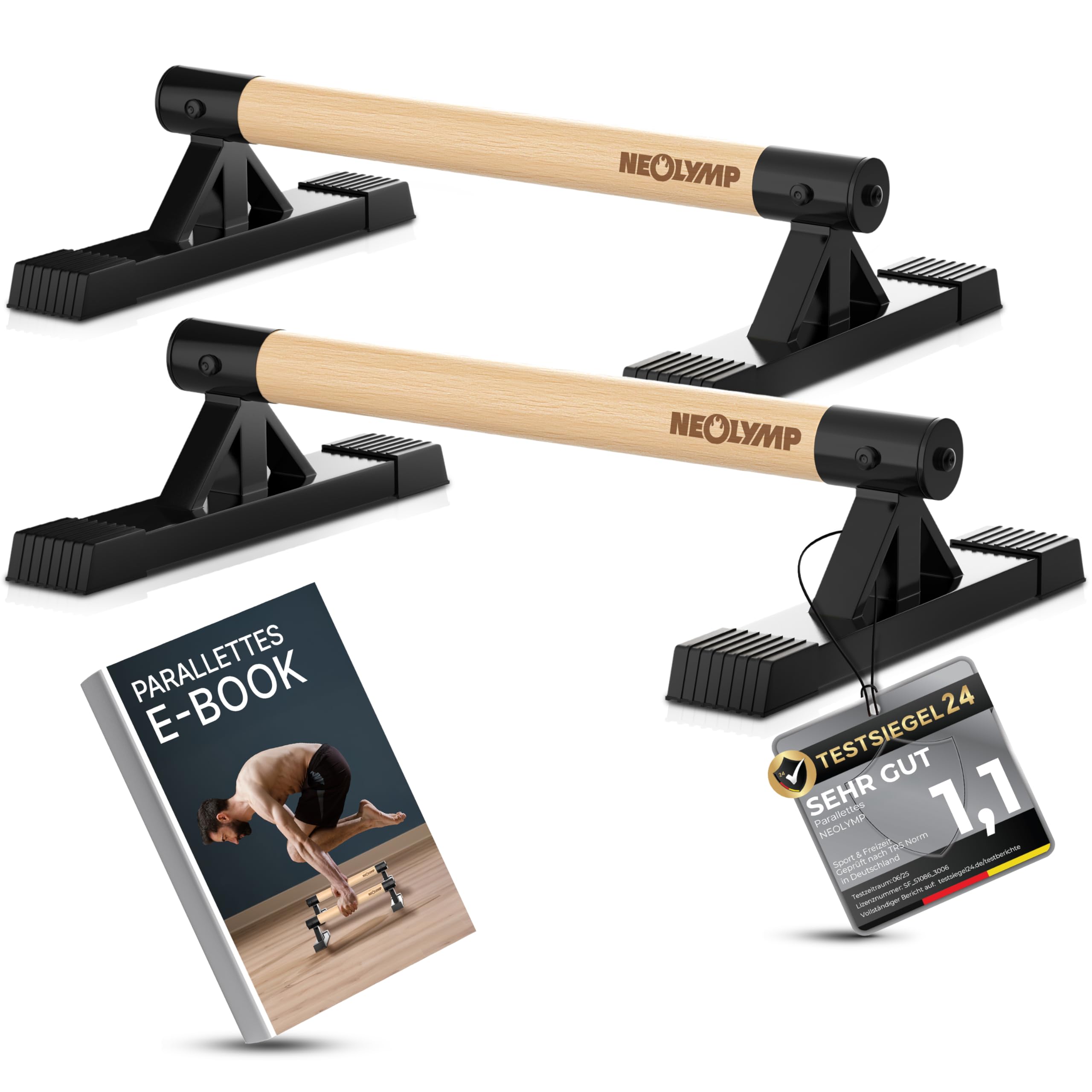 NEOLYMP 2er Set handgelenkschonende Holz Liegestützgriffe mit Calisthenics-Übungen - handgefertigten Parallettes, Push up Bar, Handstand Griffe, Dip Barren, Calisthenics-Equipment