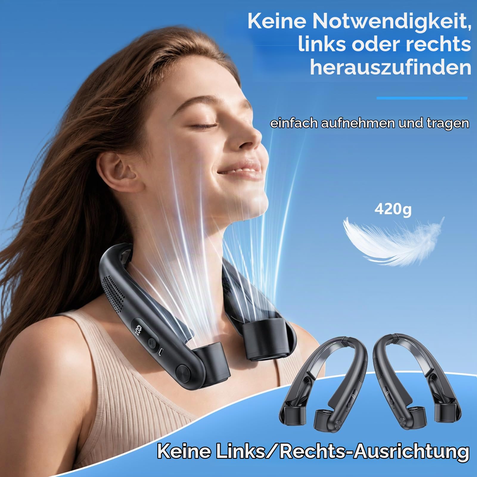 Nackenventilator mit Kühlplatten, 6000 mAh Tragbarer Blattloser Halsventilator, USB Wiederaufladbar, Geschwindigkeitsregelung von 1 bis 100, Verstellbare Luftauslässe für Büro/Gym/Reise