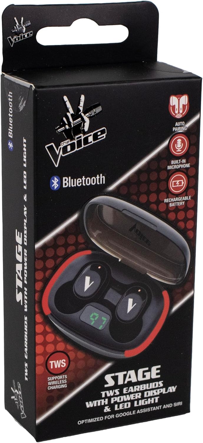 The Voice Stage Bluetooth™ True Wireless Stereo Earbuds, Magnetic Charging Case with Power Display and LED Lights, Auto-Pairing, iOS or Android Compatible, Use with Siri or Google Assistant
