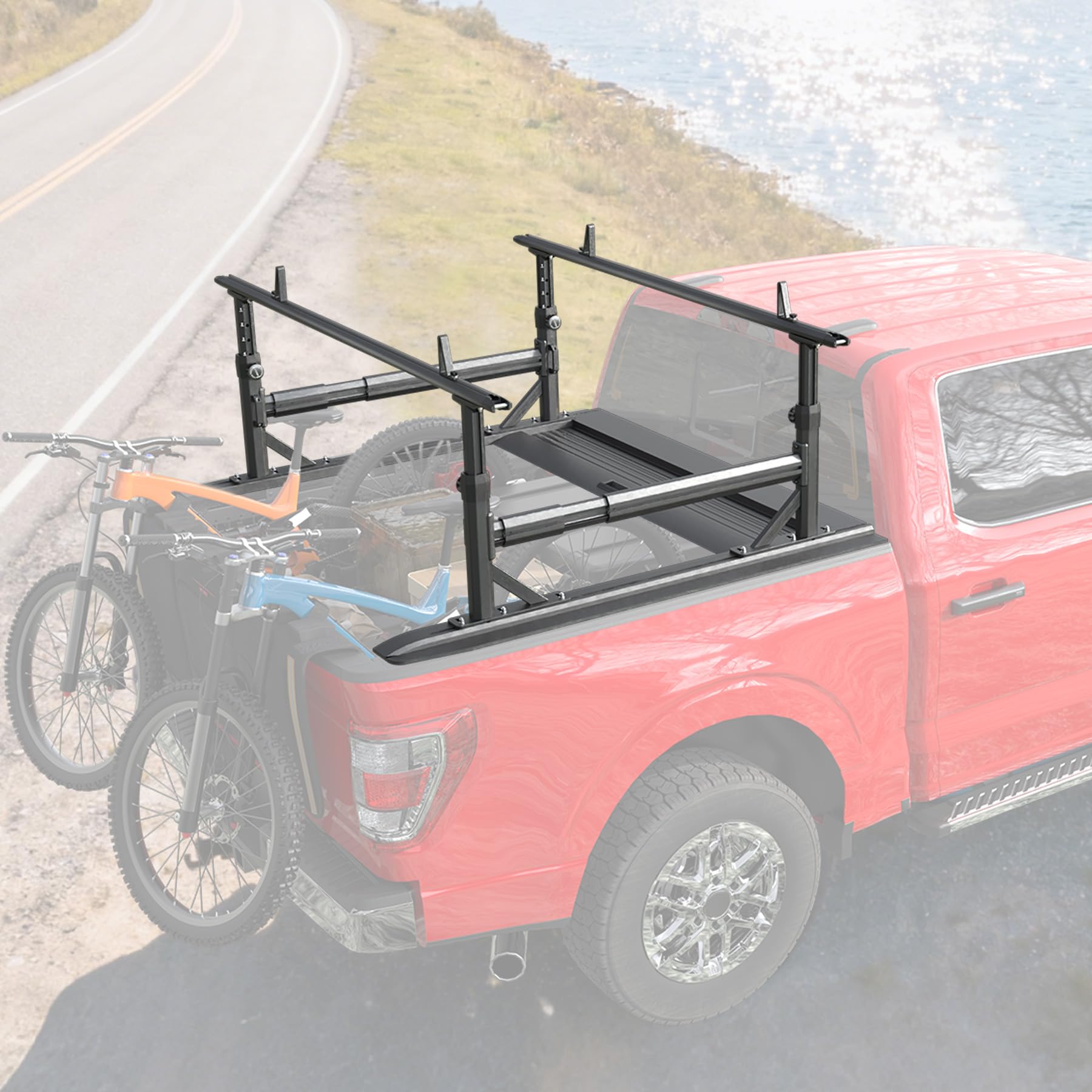Adjustable Truck Bed Rack with Side Bars, Fit for F150 Silverado Ram Sierra with T-Slot Tonneau Covers, No Drill Installation, 900 LBS Capacity, Truck Ladder Rack for Tools, Kayaks, Bikes