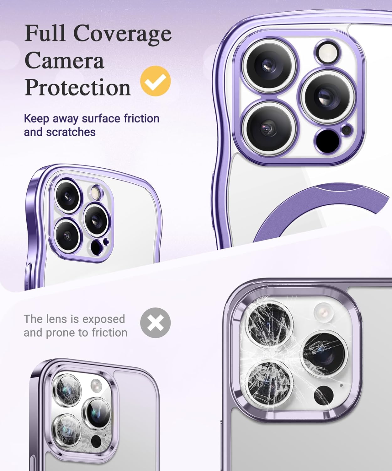 GVIEWIN for iPhone 16 Pro Max Case with 360° Magnetic Stand, [Compatible with MagSafe][Full Camera Protection][Non-Yellowing] Cute Slim Electroplated Wave Shockproof Phone Case 6.9", Clear/Dark Purple - Image 7