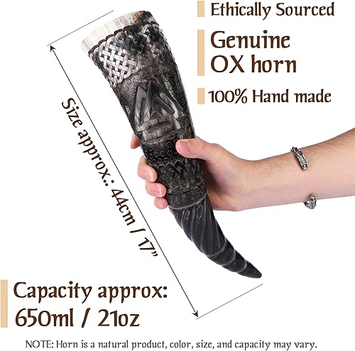 Miniatura 2 de Auténtico cuerno vikingo hecho a mano, taza medieval de cerveza nórdica para vikingos con soporte, taza de bebida vikinga grabada a mano, cuernos de