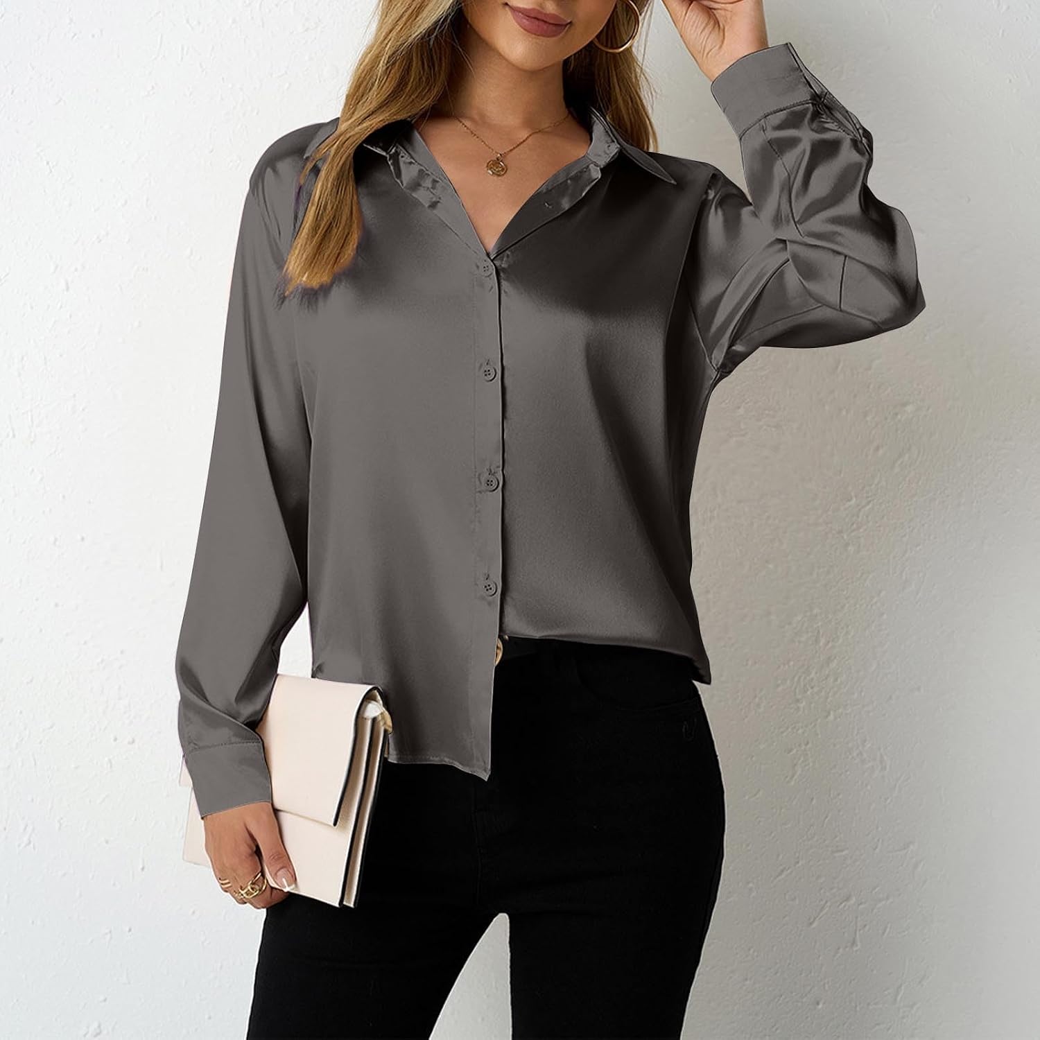 Women's Satin Button Down Shirts V-Neck Long Sleeve Tops Summer Business Office Blouses Casual Fashion Fall Shirt