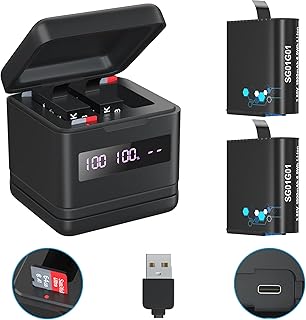 TOMSHEIR 2 Pack 1800mAh Batteries for Gopro Hero 6/7/8 and Charger for GoPro Hero 8 Hero 7 Hero 6, USB and USB-C Fast Charger with High Speed Micro SD Card Reader and Battery Power Read Function