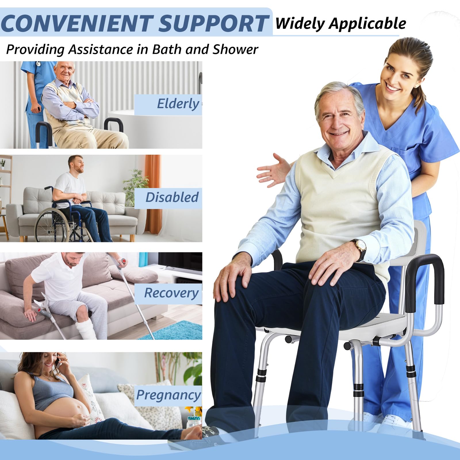 Silla de ducha para ancianos, taburete de ducha resistente con 2 ajustes de brazos extra anchos y respaldo, asiento de ducha bariátrico de seguridad antideslizante de 330 libras, altura
