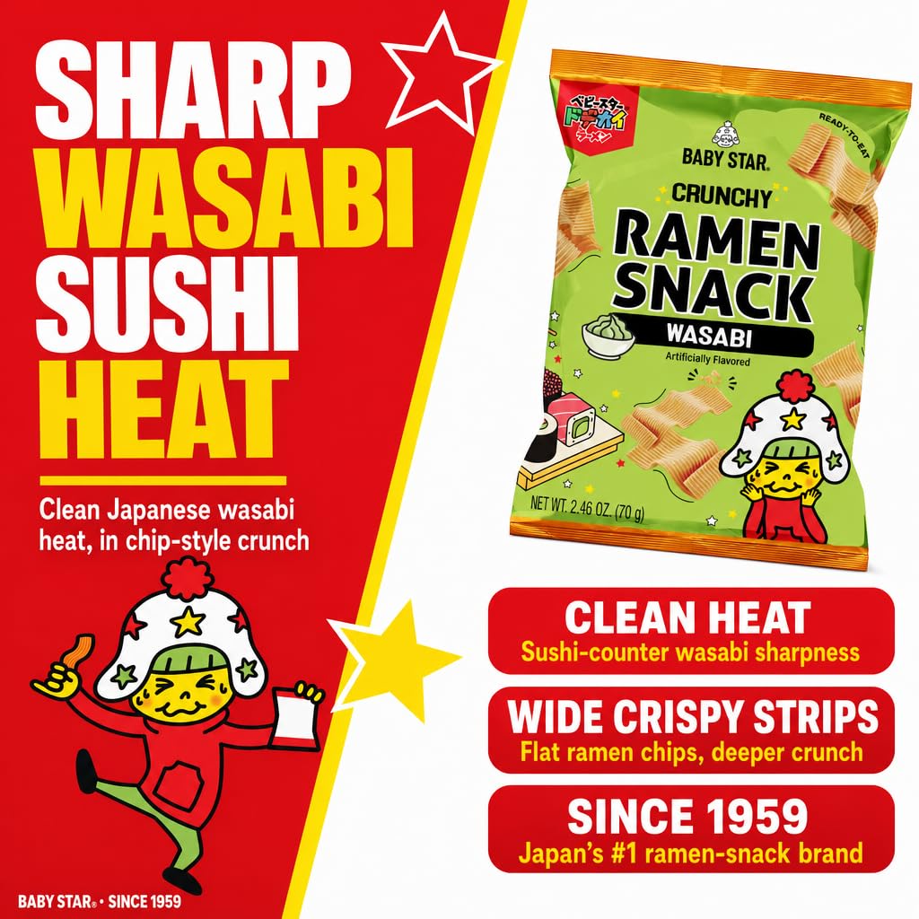 Baby Star Crunchy Ramen Snack Wide | Wasabi 2.46oz (6 Pack) | Delicious Dry Ramen Snack Packs