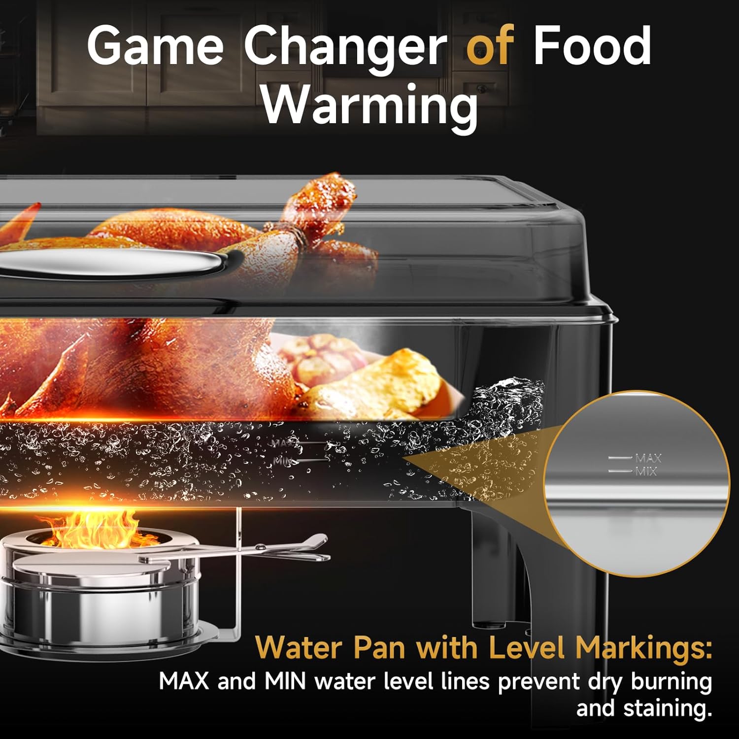 chafing dishes for buffet, 9.5qt square stainless steel chafing dish with transparent hydraulic lid, 304 food pan, buffet warmer for parties and events (black)