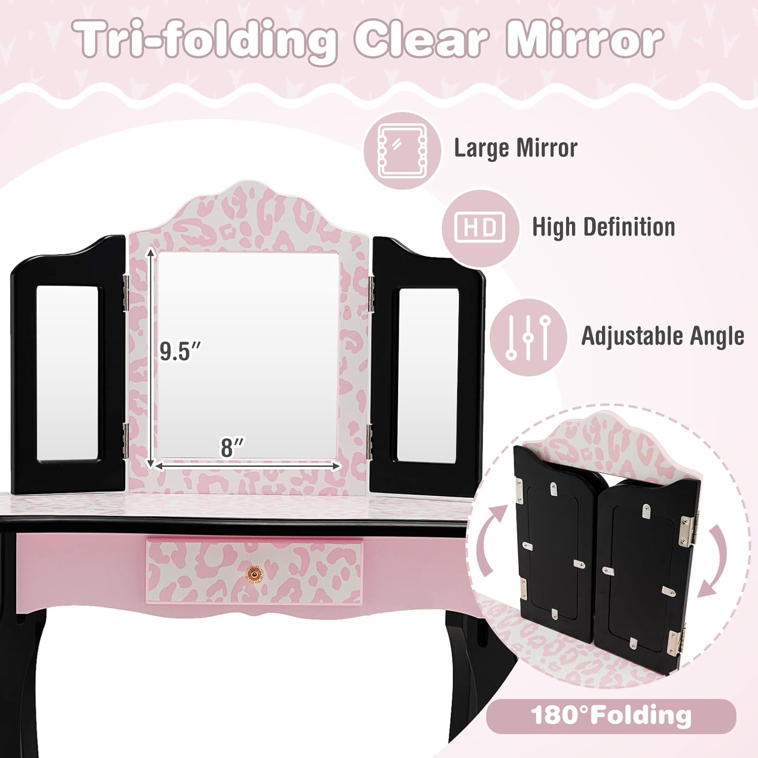 HONEY JOY Kids Vanity, Princess Makeup Vanity Set for Little Girls, Real Glass Tri-Folding Mirror, Bedroom Dressing Table & Chair Set, Wooden Girls Vanity Set w/Mirror and Stool, Pink Leopard Print