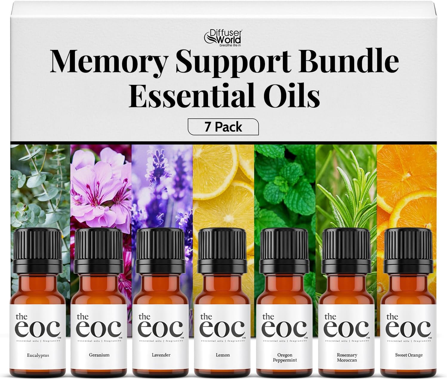 Essential Oil Set 7 Pack Memory Bundle, 15ml Pure Essential Oils for Diffusers for Home, Lavender, Geranium, Oregon Peppermint, Eucalyptus, Lemon, Sweet Orange, Rosemary Diffuser Oils