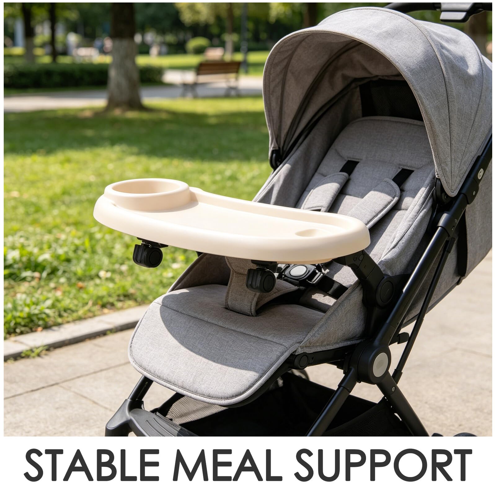 TOYANDONA Vassoio per Snack per Passeggino in Plastica Bianco Supporto Allargato e Portaoggetti, Facile da Montare per Uso Quotidiano e Viaggi